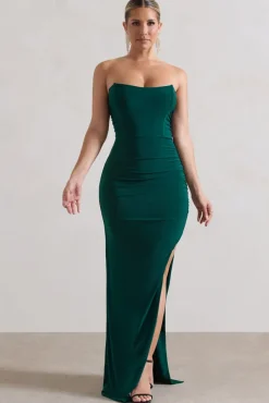 Eletta | Bottle Green Ruched Bandeau Asymmetric Maxi Dress