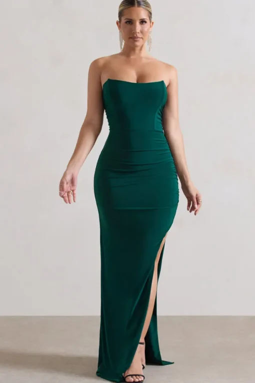 Eletta | Bottle Green Ruched Bandeau Asymmetric Maxi Dress