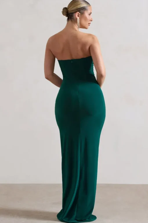 Eletta | Bottle Green Ruched Bandeau Asymmetric Maxi Dress