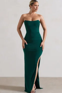 Eletta | Bottle Green Ruched Bandeau Asymmetric Maxi Dress