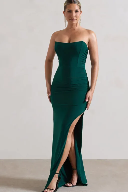 Eletta | Bottle Green Ruched Bandeau Asymmetric Maxi Dress