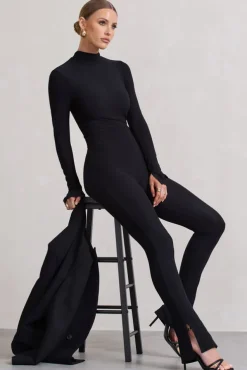 Elevated | Black High-Neck Slim-Leg Jumpsuit With Long Sleeves