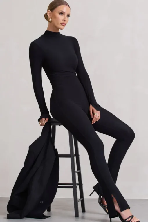 Elevated | Black High-Neck Slim-Leg Jumpsuit With Long Sleeves