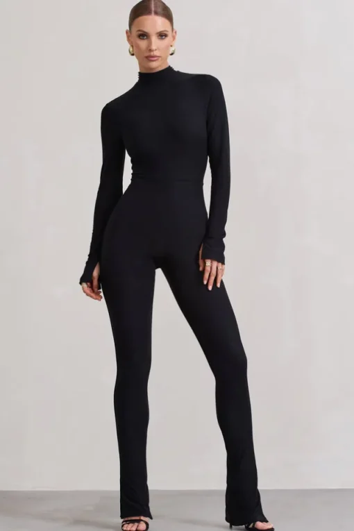 Elevated | Black High-Neck Slim-Leg Jumpsuit With Long Sleeves