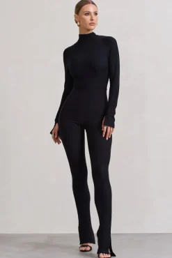 Elevated | Black High-Neck Slim-Leg Jumpsuit With Long Sleeves