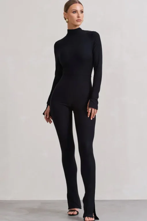Elevated | Black High-Neck Slim-Leg Jumpsuit With Long Sleeves