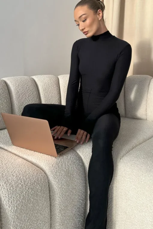 Elevated | Black High-Neck Slim-Leg Jumpsuit With Long Sleeves