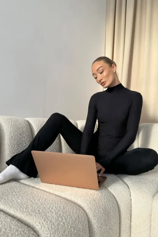 Elevated | Black High-Neck Slim-Leg Jumpsuit With Long Sleeves