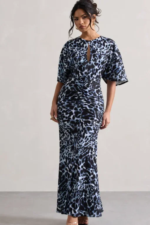 Elidy | Animal Print Ruched Flutter-Sleeve Cut-Out Maxi Dress