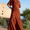 Elidy | Terracotta Ruched Flutter-Sleeve Cut-Out Maxi Dress