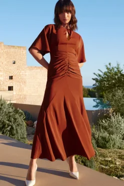Elidy | Terracotta Ruched Flutter-Sleeve Cut-Out Maxi Dress