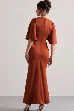 Elidy | Terracotta Ruched Flutter-Sleeve Cut-Out Maxi Dress
