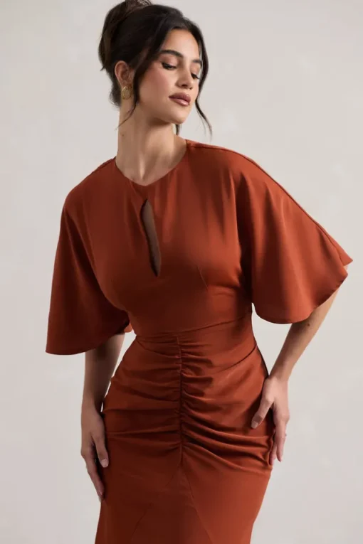 Elidy | Terracotta Ruched Flutter-Sleeve Cut-Out Maxi Dress