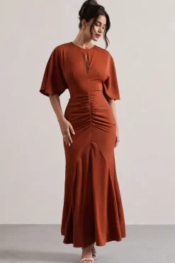 Elidy | Terracotta Ruched Flutter-Sleeve Cut-Out Maxi Dress