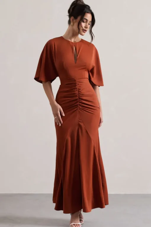 Elidy | Terracotta Ruched Flutter-Sleeve Cut-Out Maxi Dress