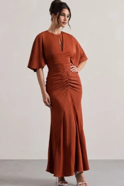Elidy | Terracotta Ruched Flutter-Sleeve Cut-Out Maxi Dress