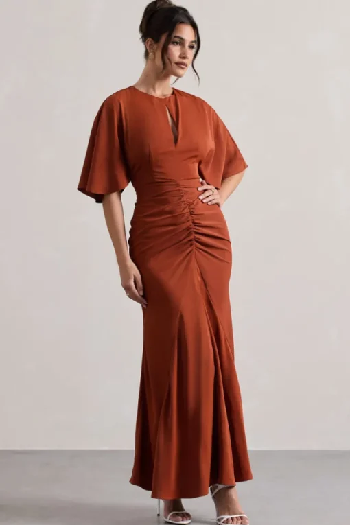 Elidy | Terracotta Ruched Flutter-Sleeve Cut-Out Maxi Dress