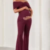 Elisa | Burgundy Bardot Flared-Leg Maternity Jumpsuit