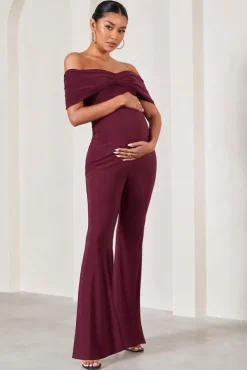 Elisa | Burgundy Bardot Flared-Leg Maternity Jumpsuit