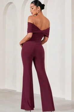 Elisa | Burgundy Bardot Flared-Leg Maternity Jumpsuit