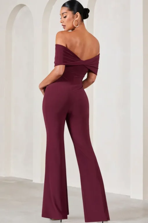 Elisa | Burgundy Bardot Flared-Leg Maternity Jumpsuit
