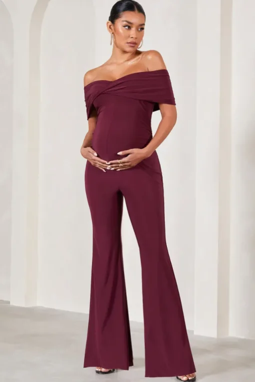 Elisa | Burgundy Bardot Flared-Leg Maternity Jumpsuit