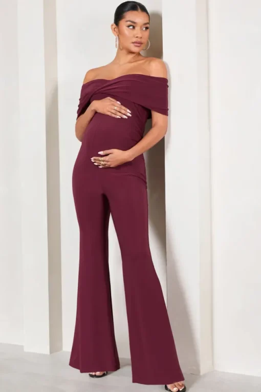 Elisa | Burgundy Bardot Flared-Leg Maternity Jumpsuit