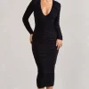Elisabeth | Black V-Neck Long-Sleeved Midi Dress