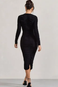 Elisabeth | Black V-Neck Long-Sleeved Midi Dress