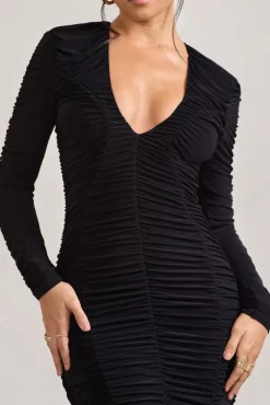 Elisabeth | Black V-Neck Long-Sleeved Midi Dress