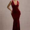 Elisabetta | Berry Velvet Plunge-Neck Fishtail Maxi Dress