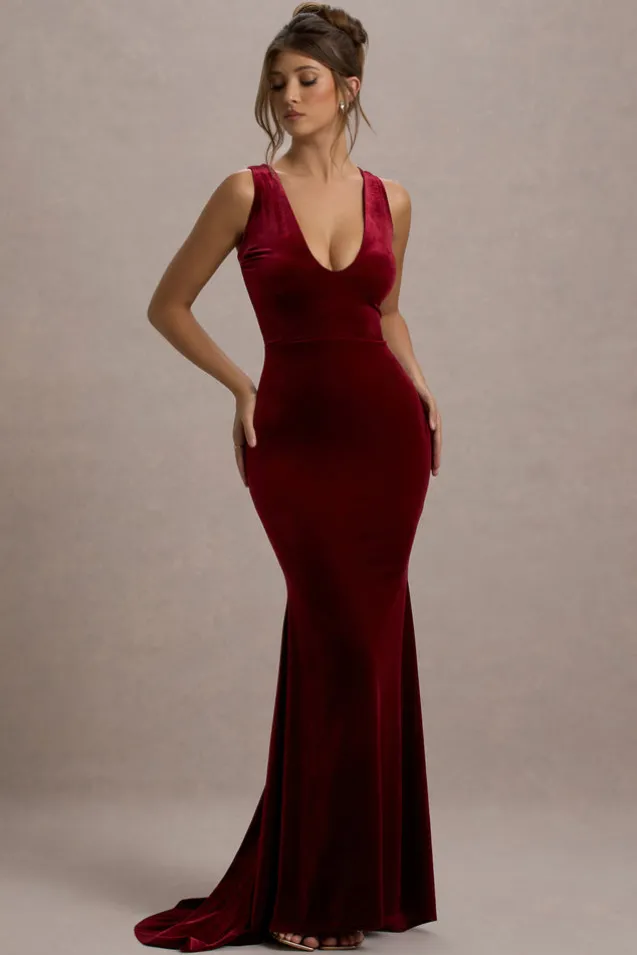 Elisabetta | Berry Velvet Plunge-Neck Fishtail Maxi Dress