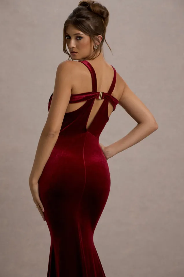 Elisabetta | Berry Velvet Plunge-Neck Fishtail Maxi Dress