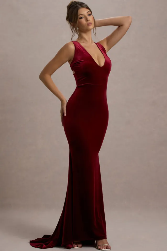 Elisabetta | Berry Velvet Plunge-Neck Fishtail Maxi Dress