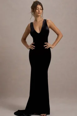 Elisabetta | Black Velvet Plunge-Neck Fishtail Maxi Dress