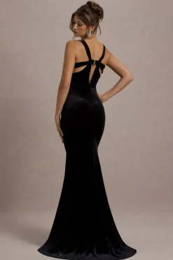 Elisabetta | Black Velvet Plunge-Neck Fishtail Maxi Dress