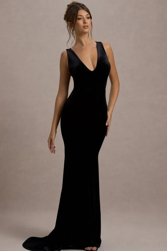 Elisabetta | Black Velvet Plunge-Neck Fishtail Maxi Dress