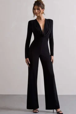 Elisha | Black Plunge-Neck Wide-Leg Jumpsuit