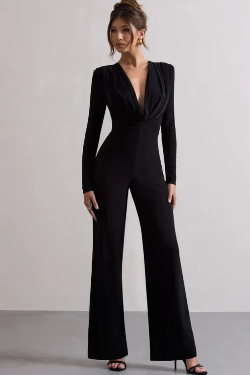 Elisha | Black Plunge-Neck Wide-Leg Jumpsuit