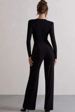 Elisha | Black Plunge-Neck Wide-Leg Jumpsuit