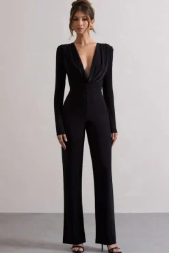 Elisha | Black Plunge-Neck Wide-Leg Jumpsuit