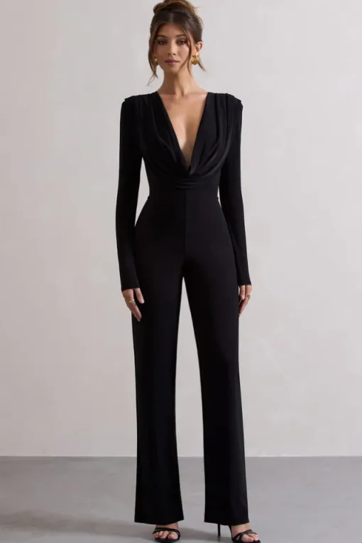 Elisha | Black Plunge-Neck Wide-Leg Jumpsuit