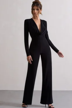 Elisha | Black Plunge-Neck Wide-Leg Jumpsuit
