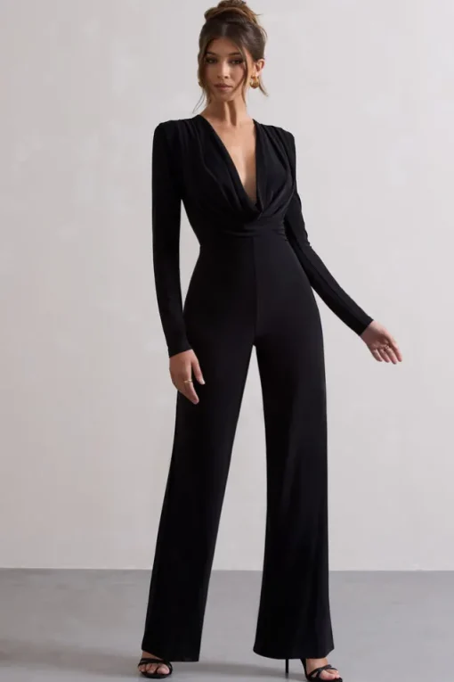 Elisha | Black Plunge-Neck Wide-Leg Jumpsuit