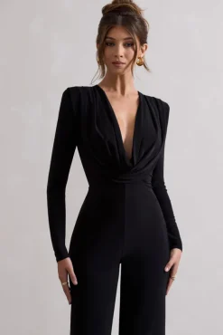 Elisha | Black Plunge-Neck Wide-Leg Jumpsuit