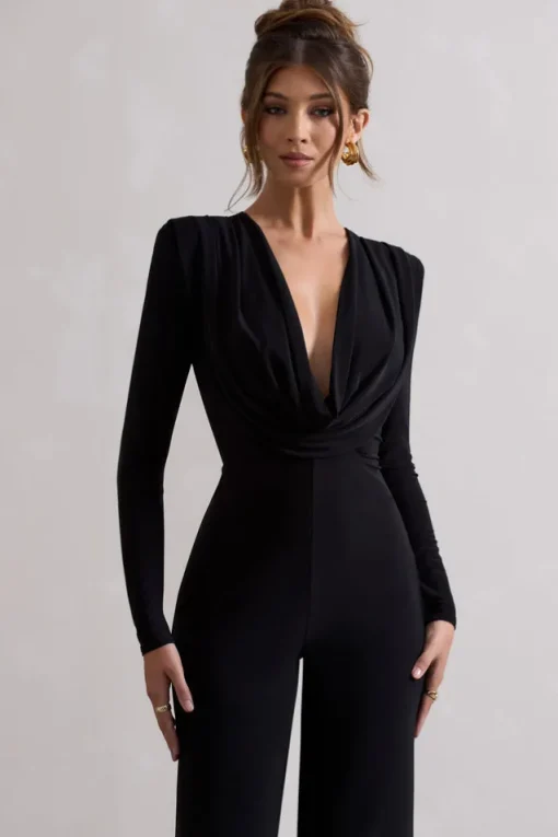 Elisha | Black Plunge-Neck Wide-Leg Jumpsuit