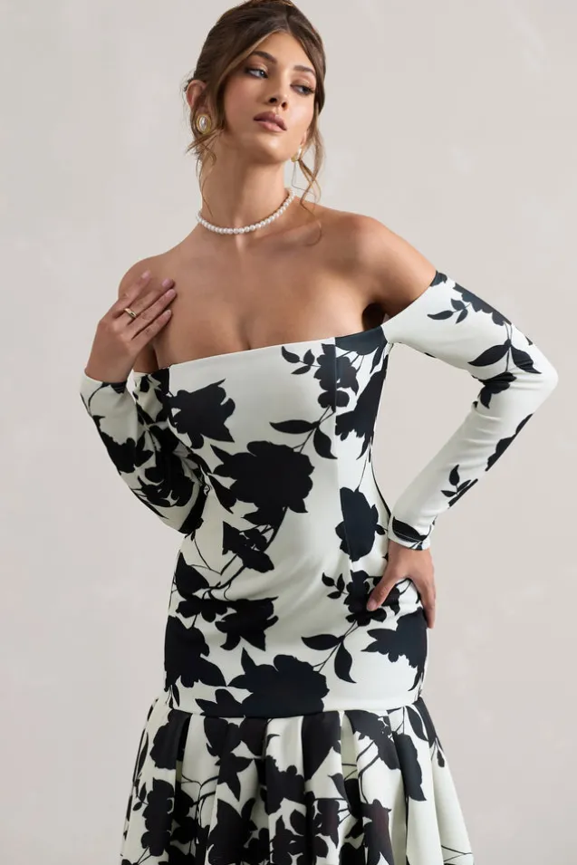 Elite | Cream Floral Print Bardot Maxi Dress With Volume Hem