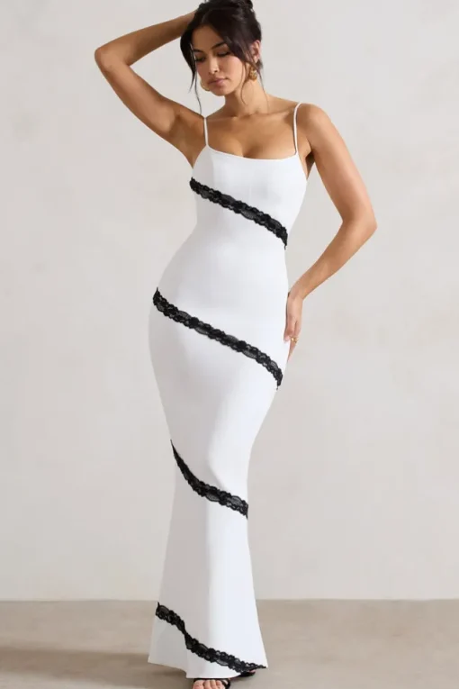 Elizabeth | White u0026 Black Strappy Lace-Trimmed Maxi Dress