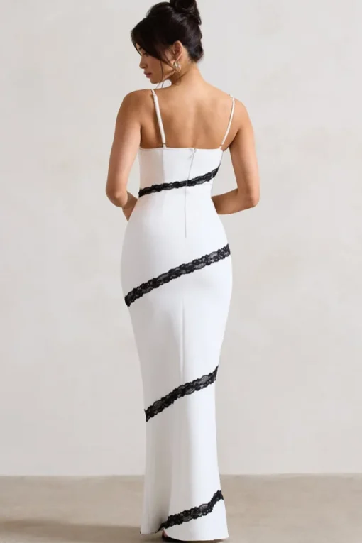 Elizabeth | White u0026 Black Strappy Lace-Trimmed Maxi Dress