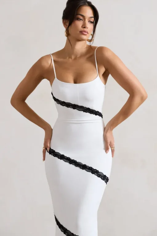Elizabeth | White u0026 Black Strappy Lace-Trimmed Maxi Dress